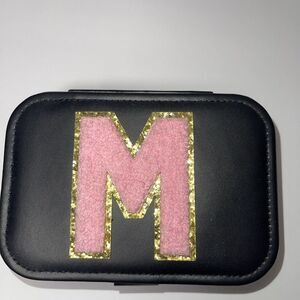 Travel Jewelry Case for Women Girls, M Initial Black Pink Gold NEW Leather